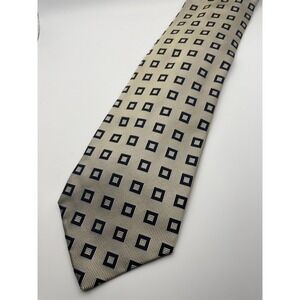 MH Frank Mens Silk Tie Beige Black Geometric Square Pattern Classic Necktie
